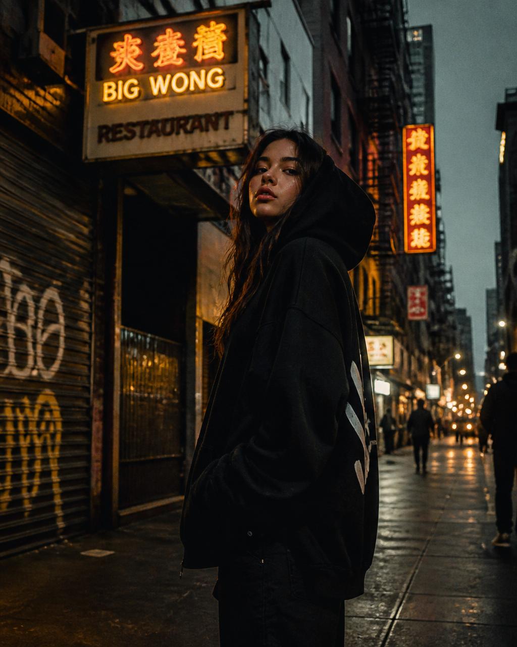Young woman in an oversized black Hoodgrown hoodie on a neon-lit city street at dusk